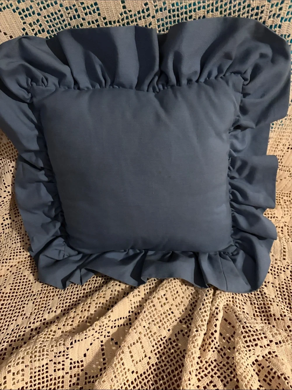 Blue Ruffled Decorative Throw Pillow with Cross-Stitch Monogram “W”